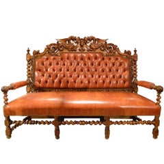 Antique Tufted Back Leather Hand-Carved Oak Bench or Sofa