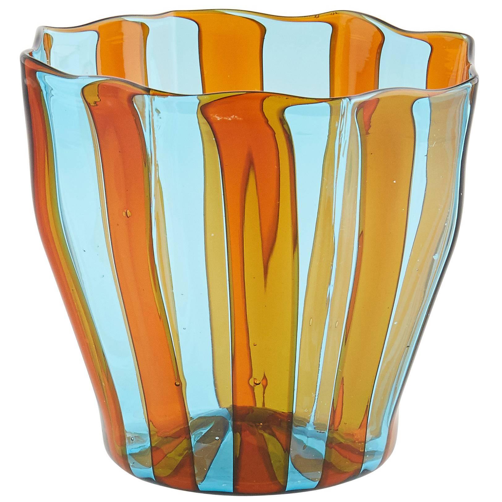 Campbell-Rey Octagonal Striped Tumbler in Amber and Turquoise Murano Glass
