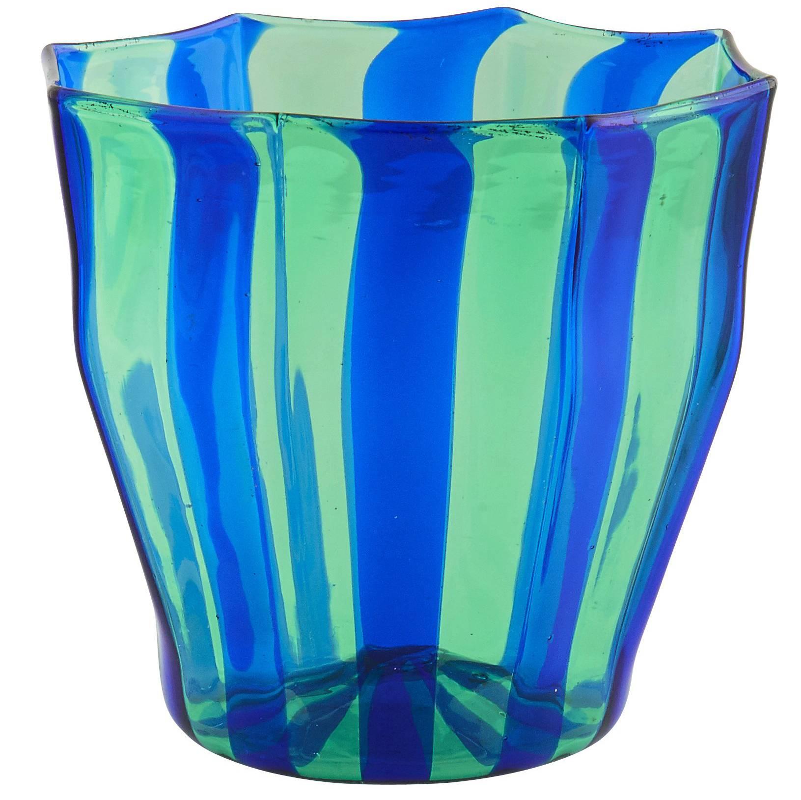 Campbell-Rey Octagonal Striped Tumbler in Green and Blue Murano Glass