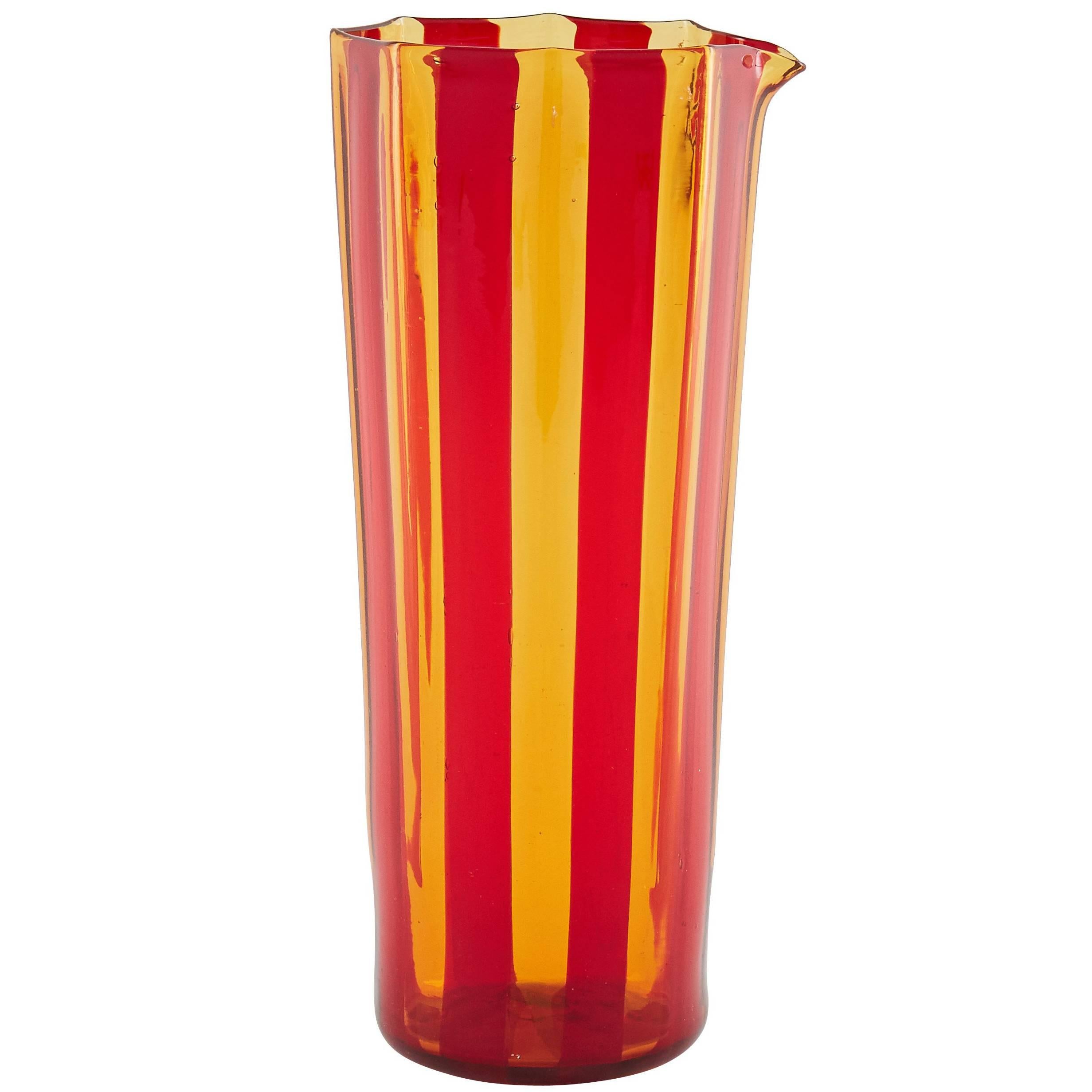 Campbell-Rey Octagonal Striped Carafe in Red and Amber Murano Glass For Sale