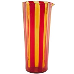 Retro Campbell-Rey Octagonal Striped Carafe in Red and Amber Murano Glass