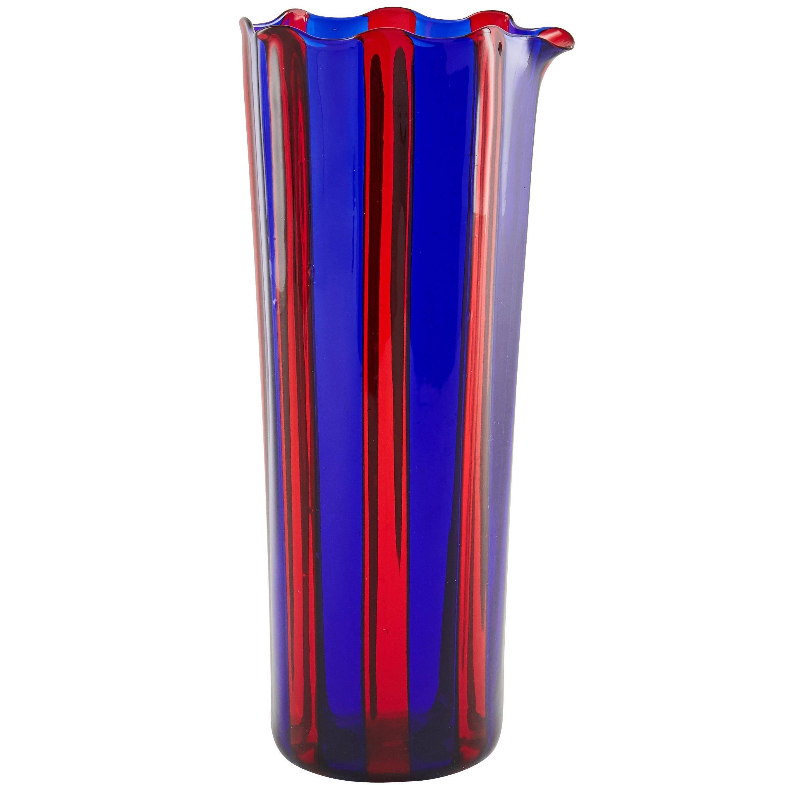 Campbell-Rey Octagonal Striped Carafe in Red and Blue Murano Glass