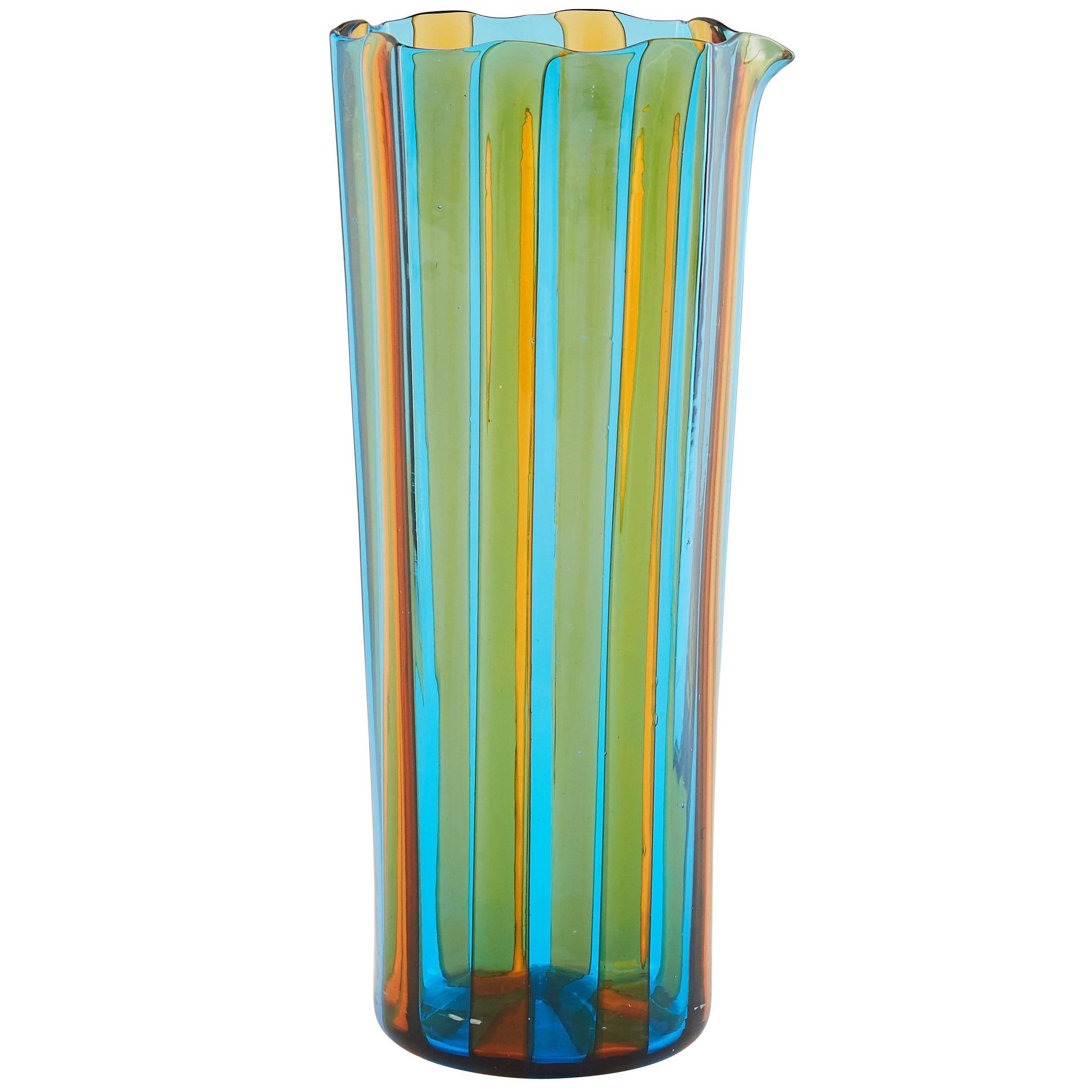 Campbell-Rey Octagonal Striped Carafe in Amber and Turquoise Murano Glass