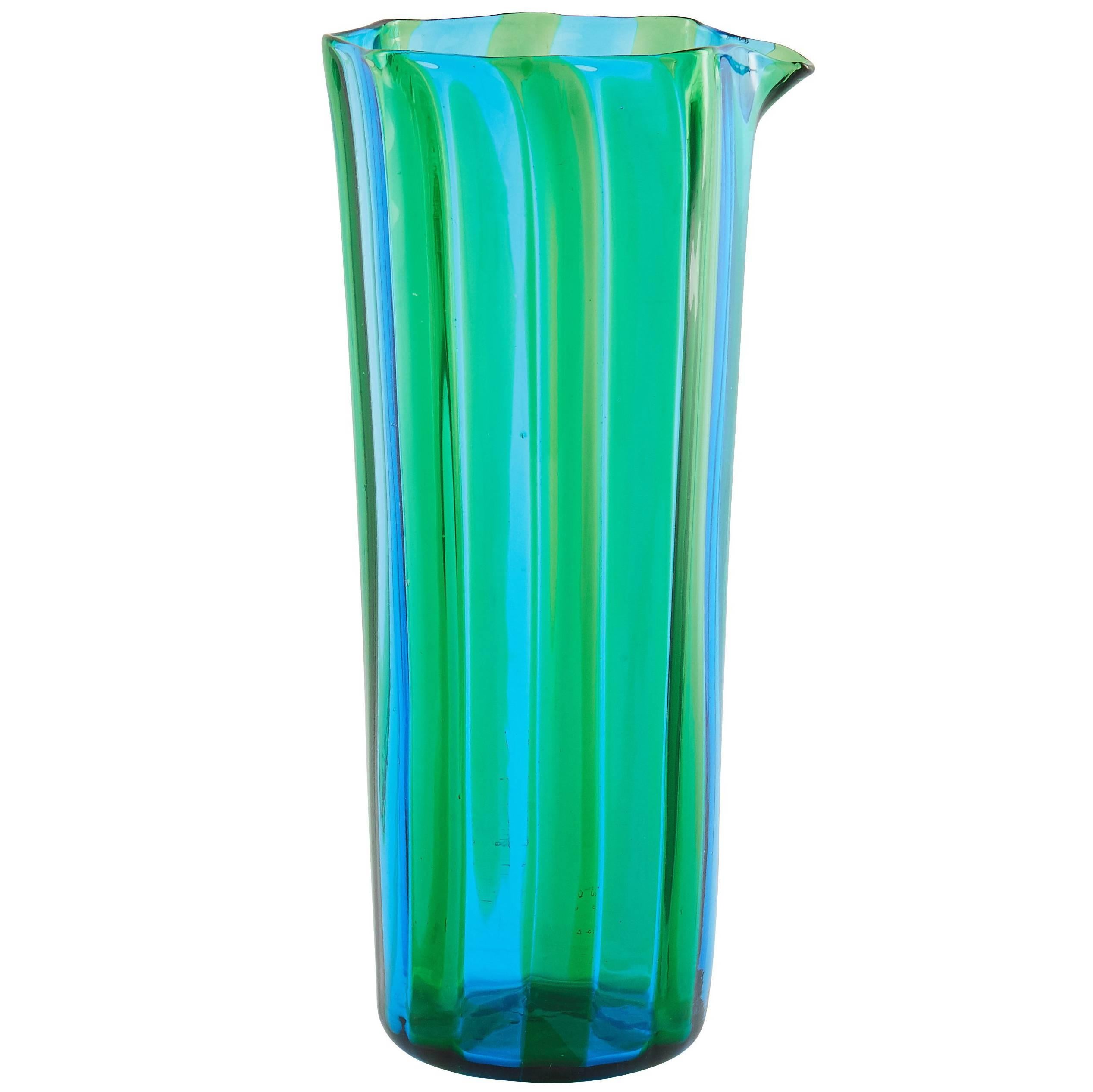Campbell-Rey Octagonal Striped Carafe in Green and Turquoise Murano Glass