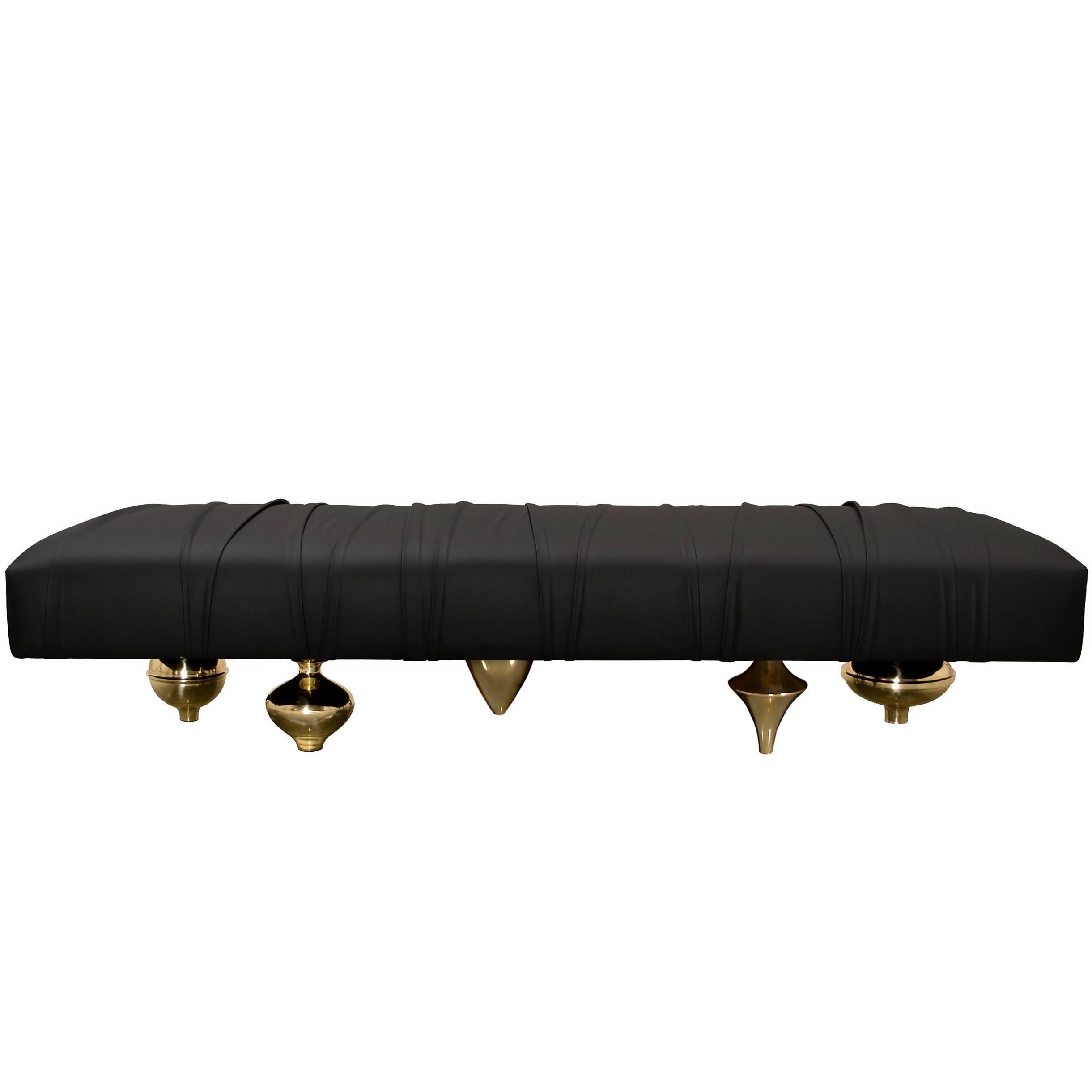 "Il Pezzo 1 Bench" upholstered pouf in fine leather with a gold plated base For Sale