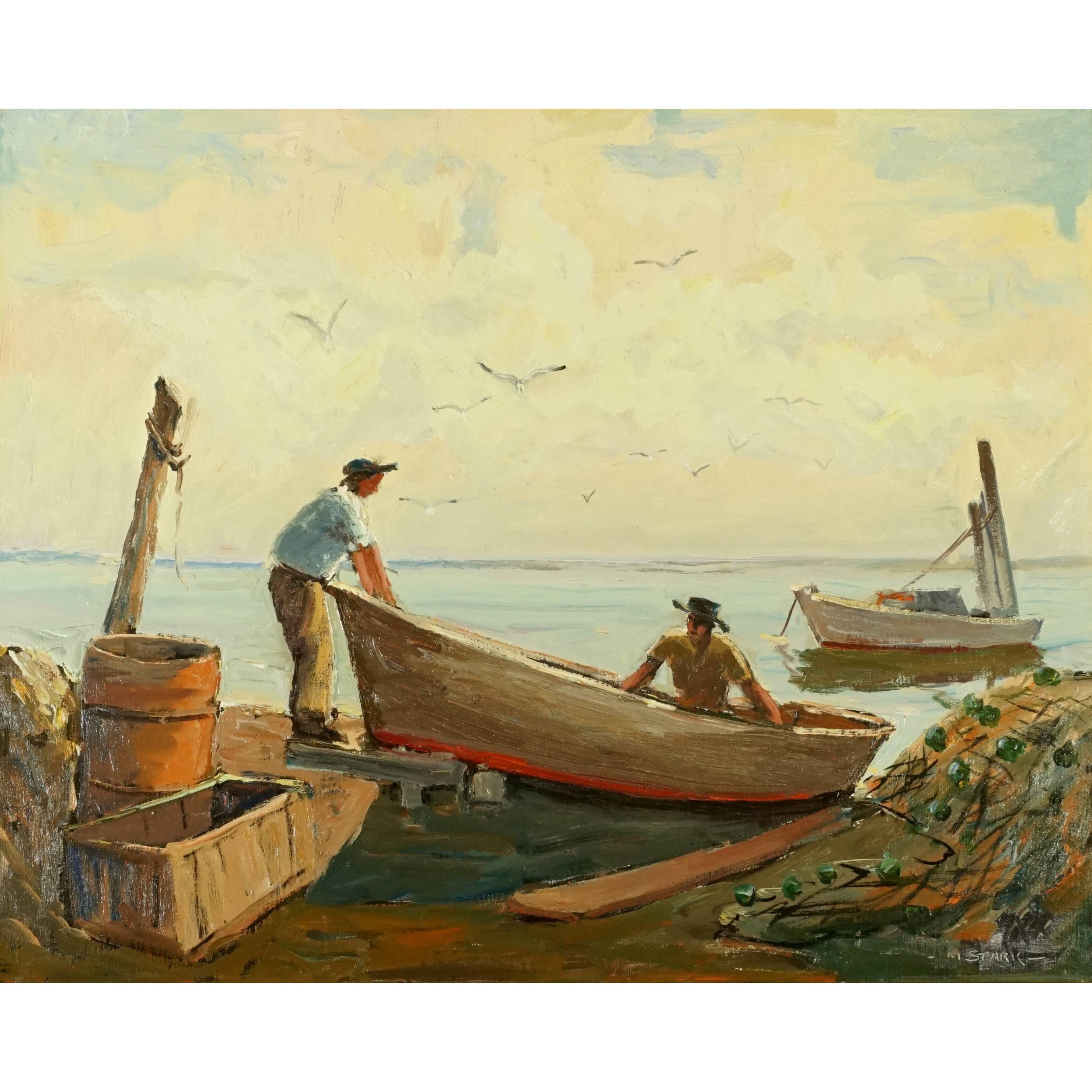 Melville Stark Midcentury Oil Painting of Fishermen "Longboat Key"