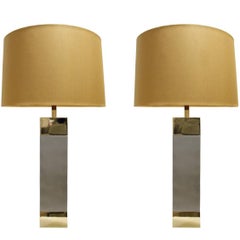 Pair of Sleek Table Lamps in Brushed Chrome and Brass, 1960s