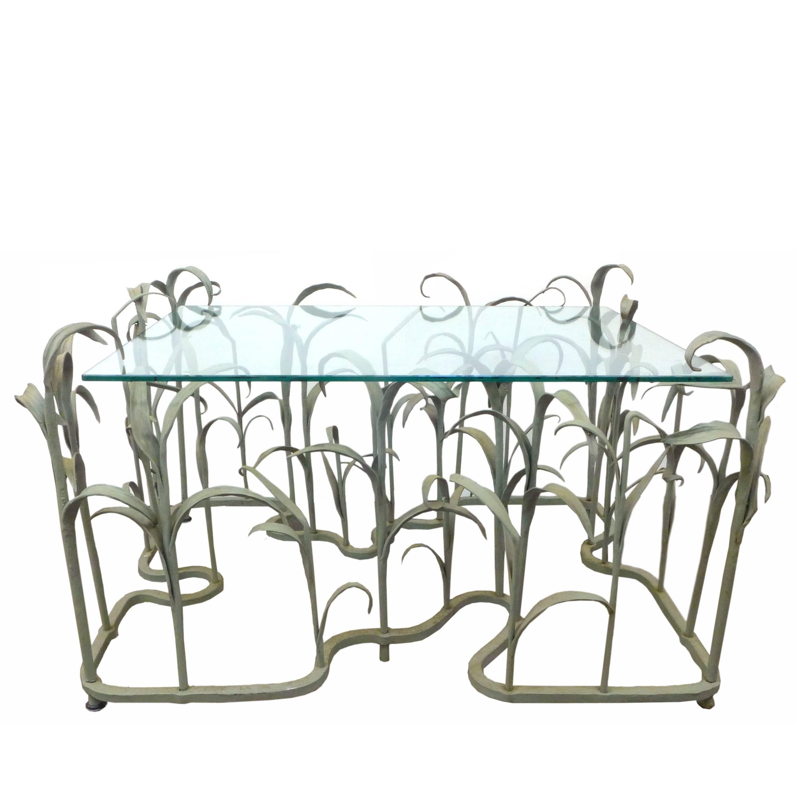 Wrought Iron and Glass "Tall Grass" Coffee Table For Sale