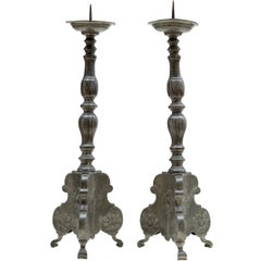 Antique Pair of Late 19th Century Pewter Pricket Candlesticks