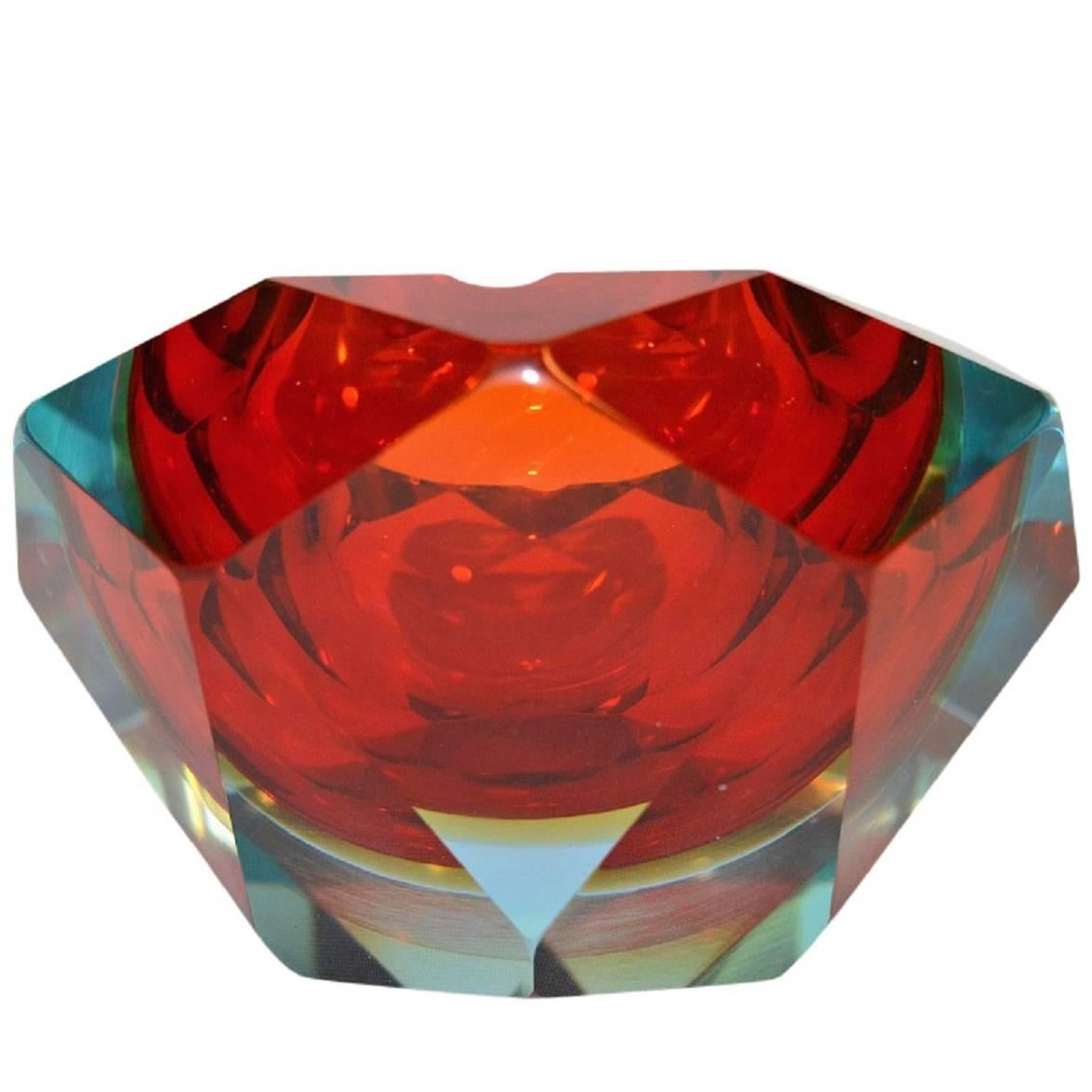 Large, Heavy Flavio Poli Sommerso Murano Ashtray 1950s Faceted Red Blue Glass For Sale