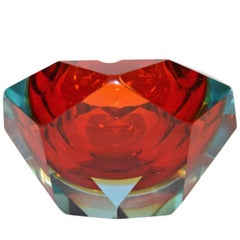 Large, Heavy Flavio Poli Sommerso Murano Ashtray 1950s Faceted Red Blue Glass
