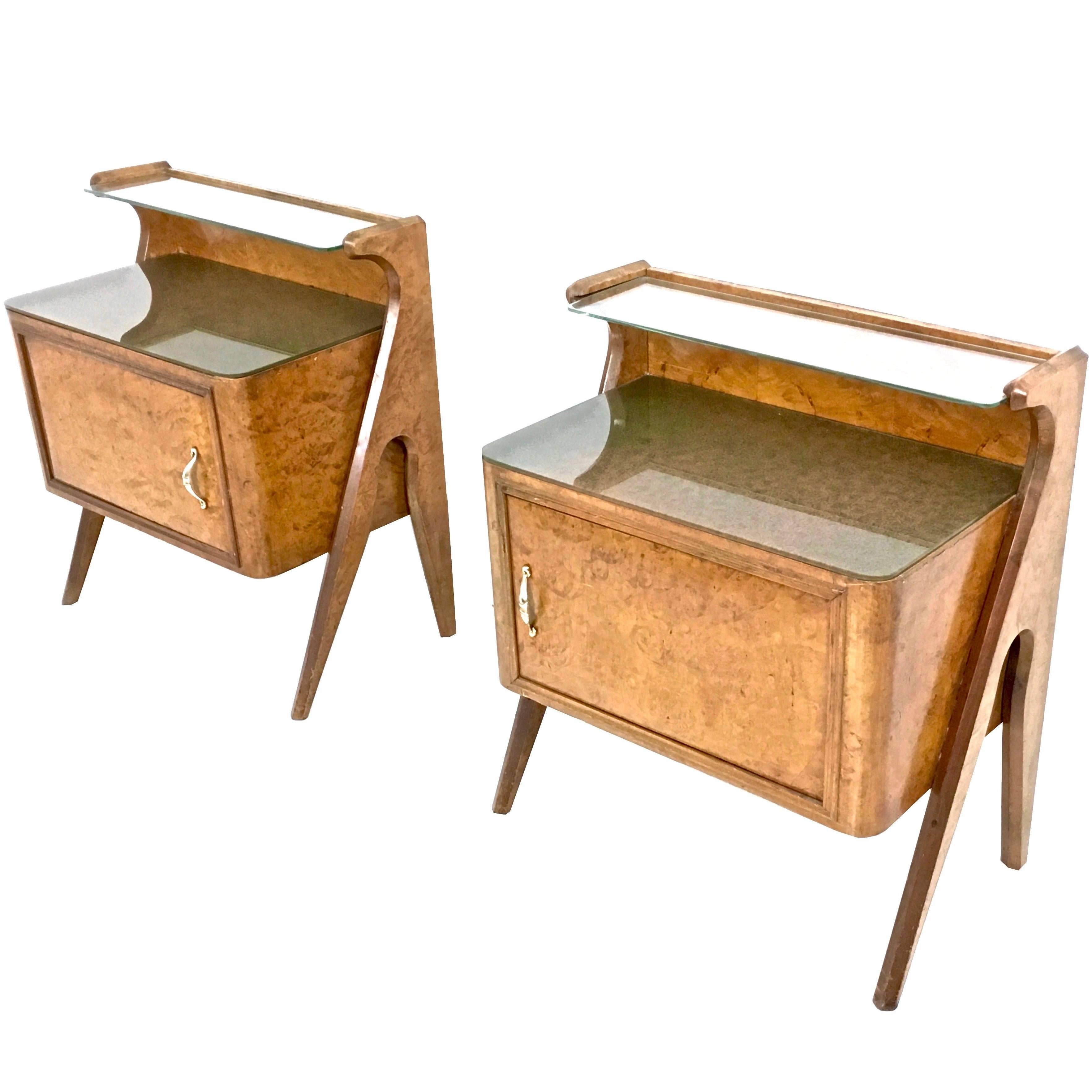 Pair of Birch Briar Root Nightstands with Glass Top, Italy, 1950s