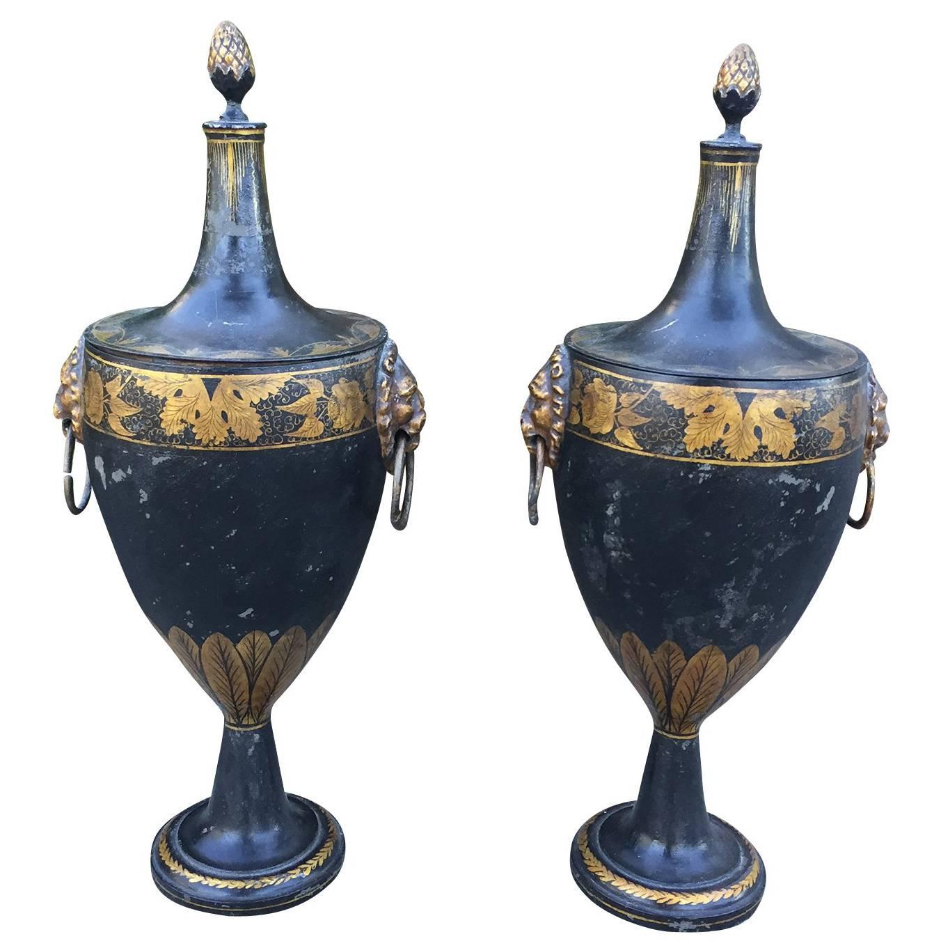 Pair of Tall English Regency Tole Chestnut Urns, circa 1800-1820
