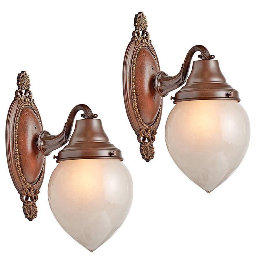 Pair of Classical Revival Entry Sconces with Etched Teardrop Shades, circa 1920s For Sale