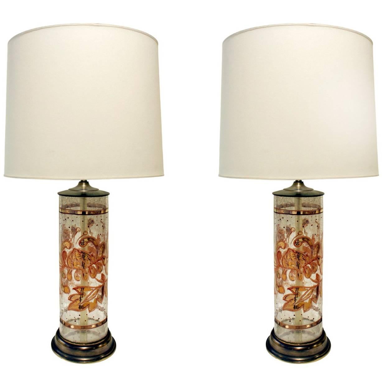 Pair of Beautiful Hand-Painted Glass Table Lamps, 1940s