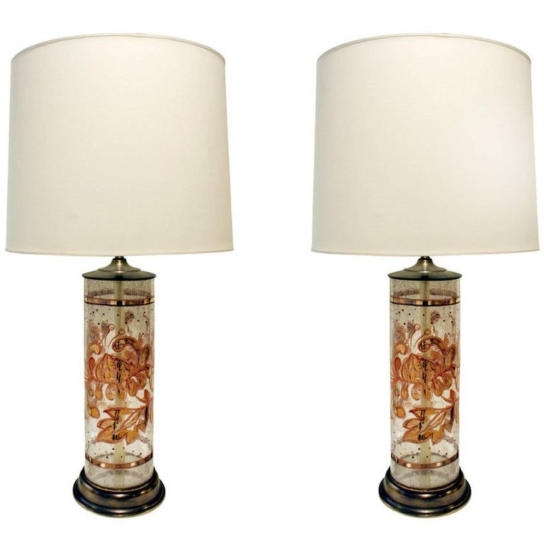 Pair of Beautiful HandPainted Glass Table Lamps, 1940s at 1stDibs