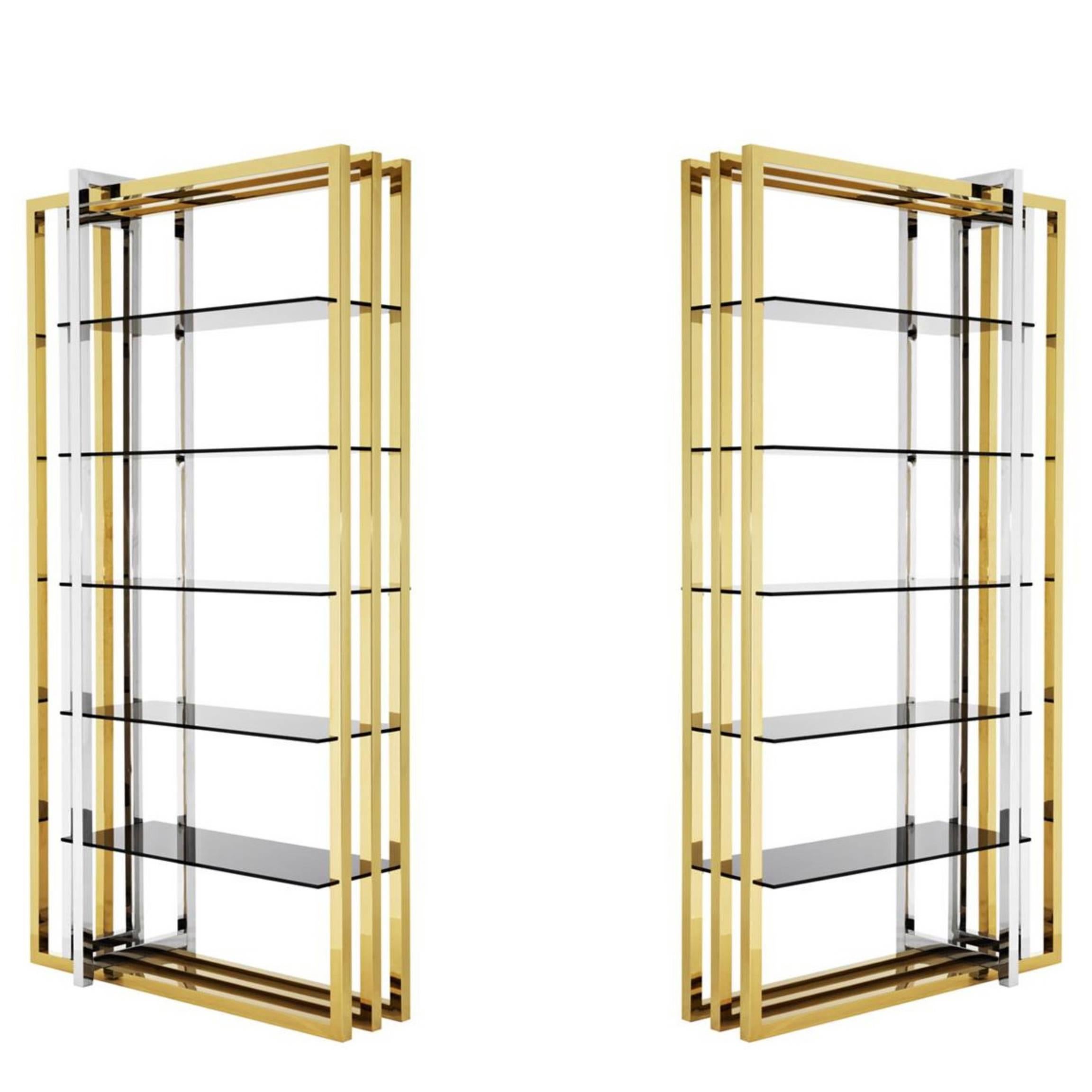 Modern Italian-style Brass and Chrome Shelving Unit with Smoked Glass