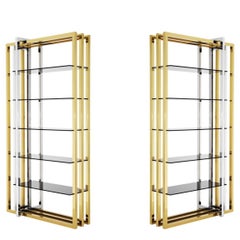 Modern Italian-style Brass and Chrome Shelving Unit with Smoked Glass