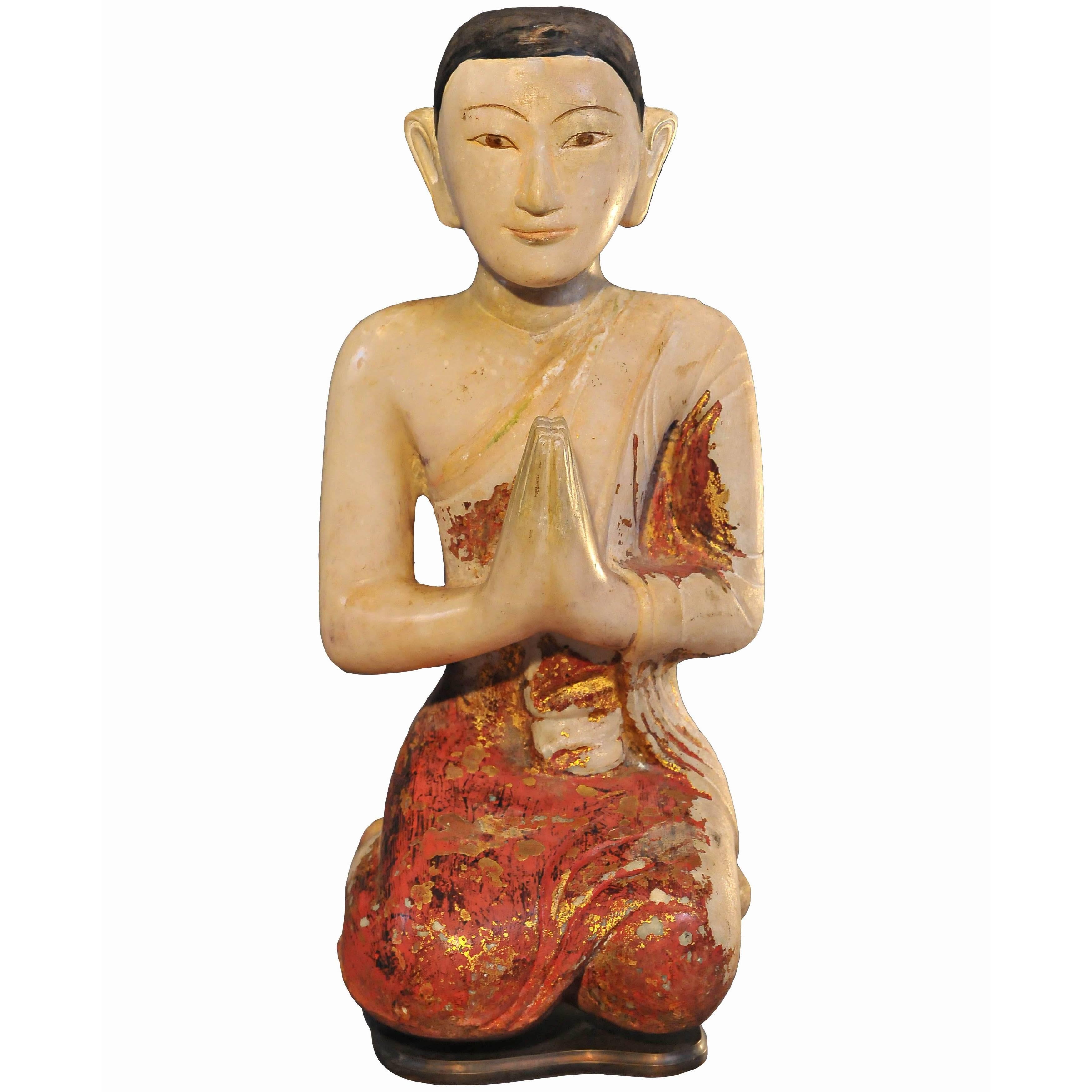 19th Century Alabaster with Lacquer Monk in Anjali Mudra, Mandalay, Art of Burma
