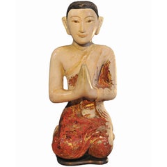 Antique 19th Century Alabaster with Lacquer Monk in Anjali Mudra, Mandalay, Art of Burma