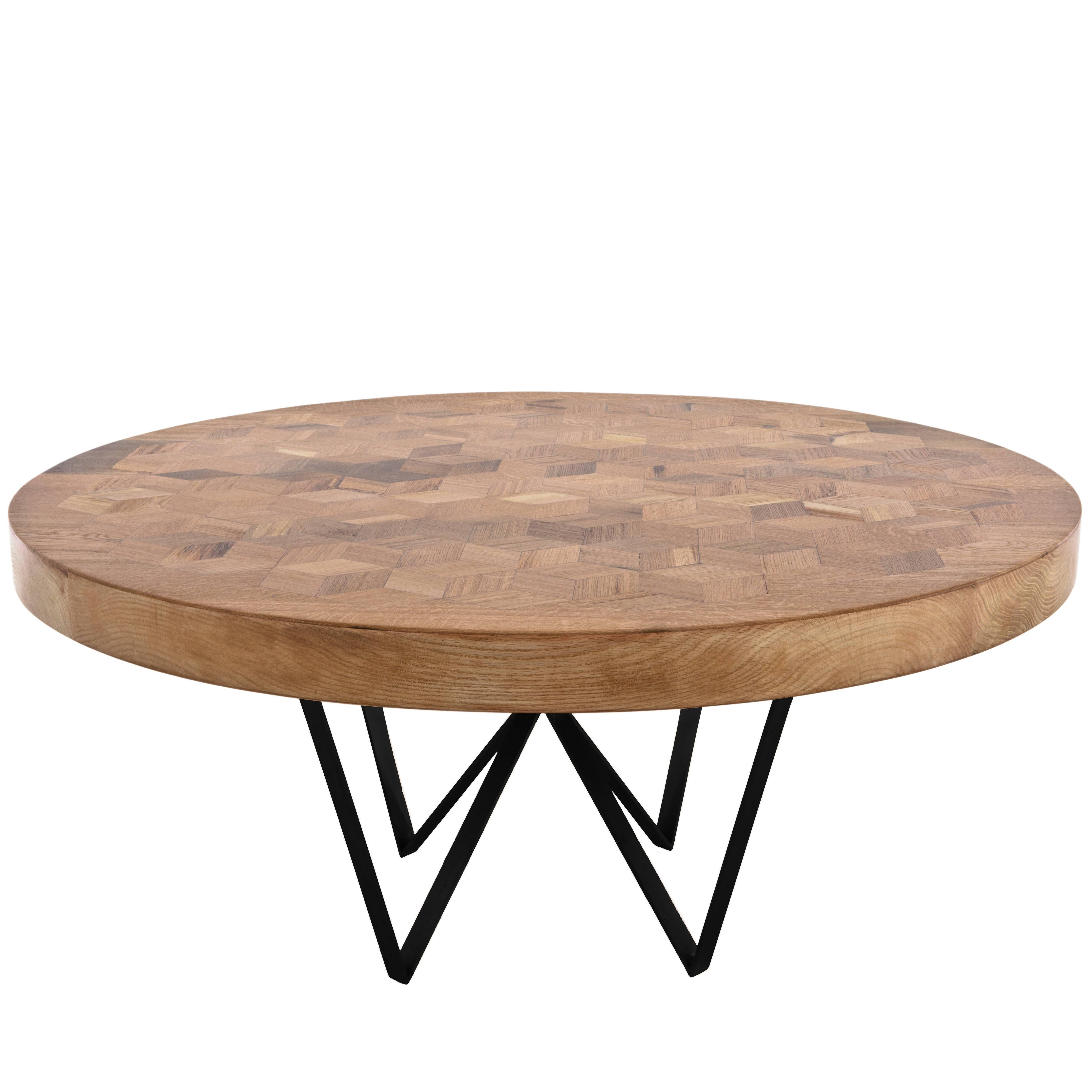 Maurits Round Marquetry Table in Reclaimed Oak with Metal Legs by Fred&Juul