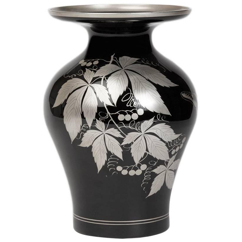 Art Deco Italian Murano Silver Overlay Black Glass Vase, circa 1930