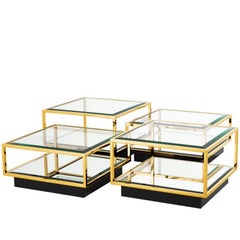 Set of 4 Metal, Glass and Mirrored Glass Coffee Tables in Gold Finish