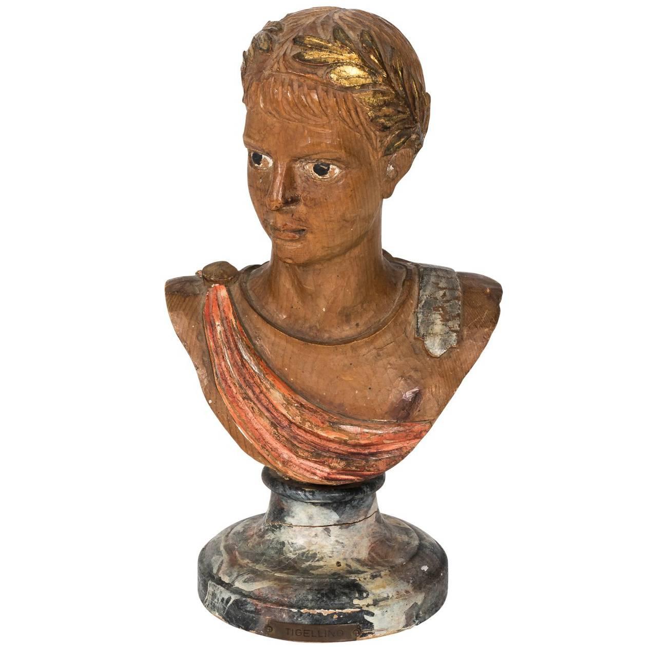 Wood Bust of Roman Boy For Sale
