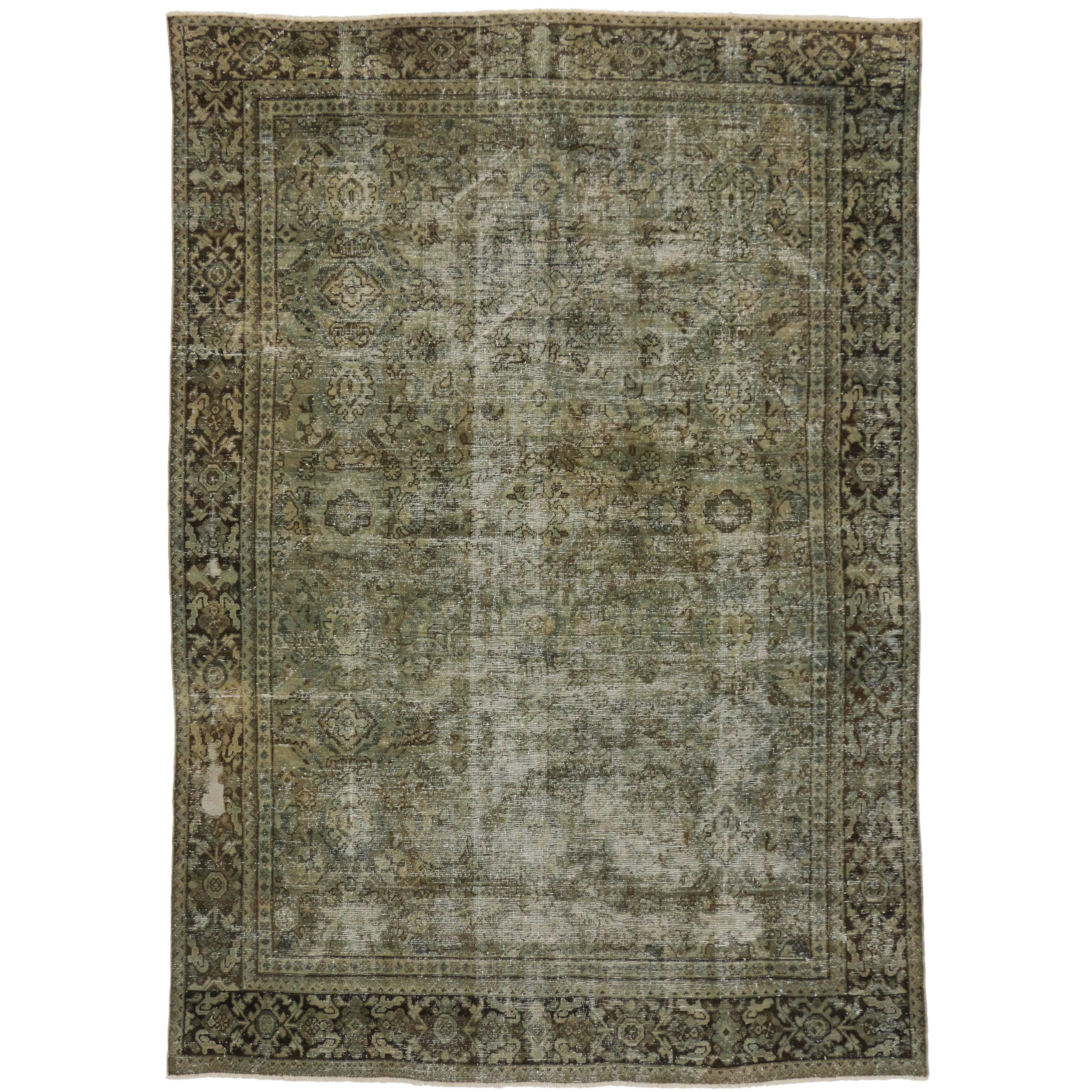 Distressed Antique Persian Mahal Rug with Traditional English Rustic Style For Sale
