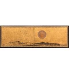 Japanese Two Panel Screen Red Moon over Mountains