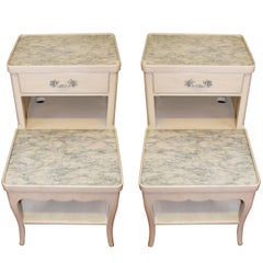 Pair of Louis XV Style Painted Bedside Tables, Two Tiers, Drawer and Marble Top