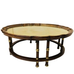 Vintage Wood and Brass Accented Pie Crust Coffee Table with Gold Mirrored Glass