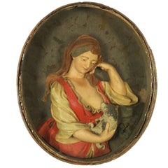 Dame with Puppy Wax Sculpture Polychrome Relief Wax Signed, 18th Century