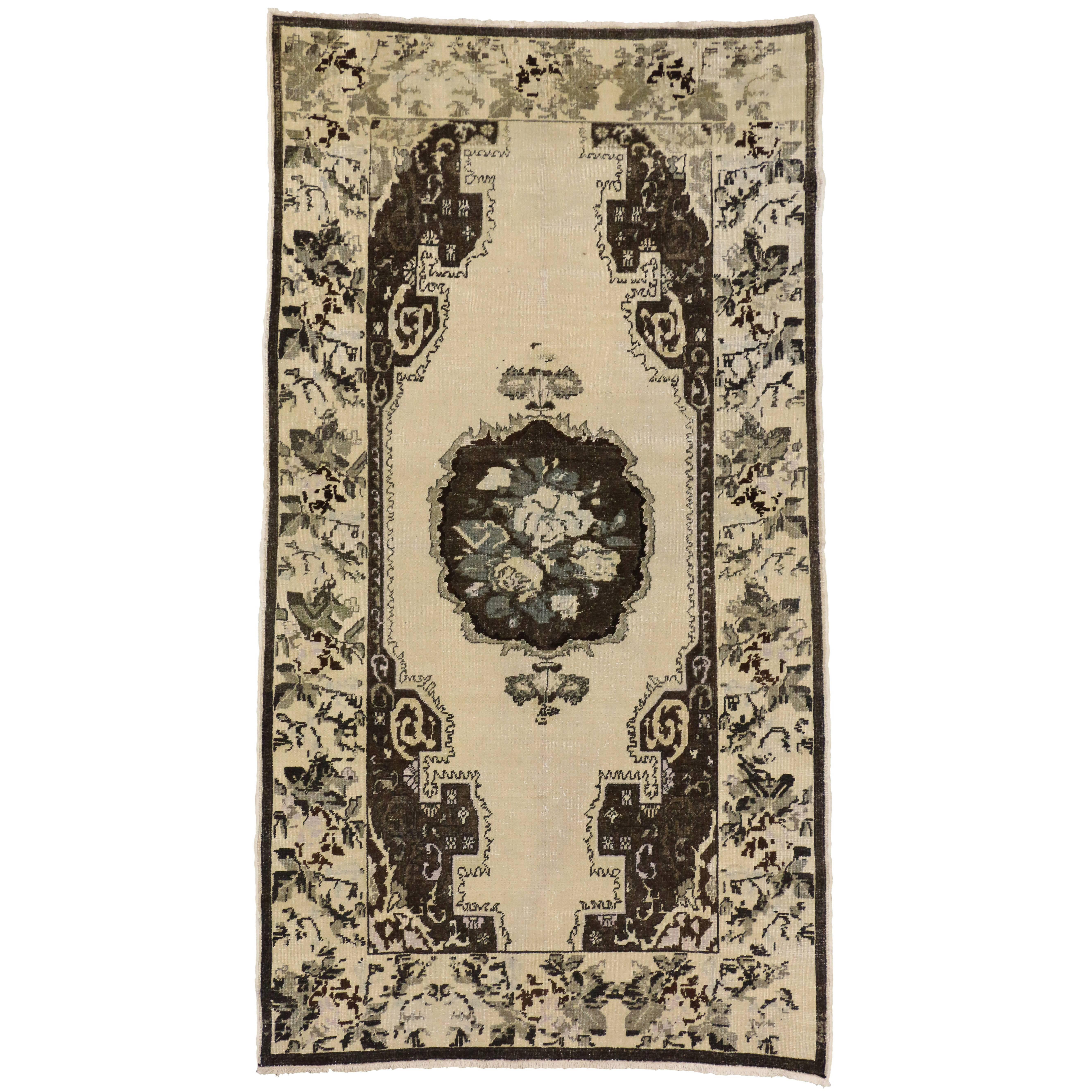 Brown and Cream Vintage Turkish Oushak Gallery Rug For Sale