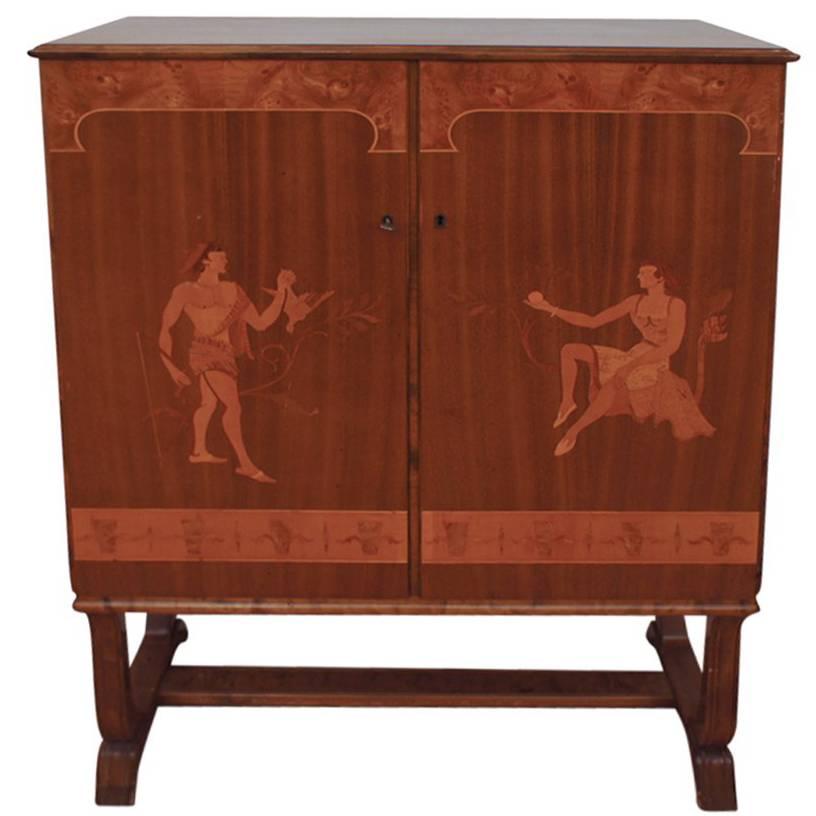 Tempting Mjolby Intarsia Bar Cabinet from Sweden, circa 1920s
