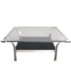 Large French Steel Coffee Table with Clear Glass Top & Black Glass Lower Shelf