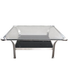 Grande table basse française en acier avec plateau en verre transparent et étagère inférieure en verre noir