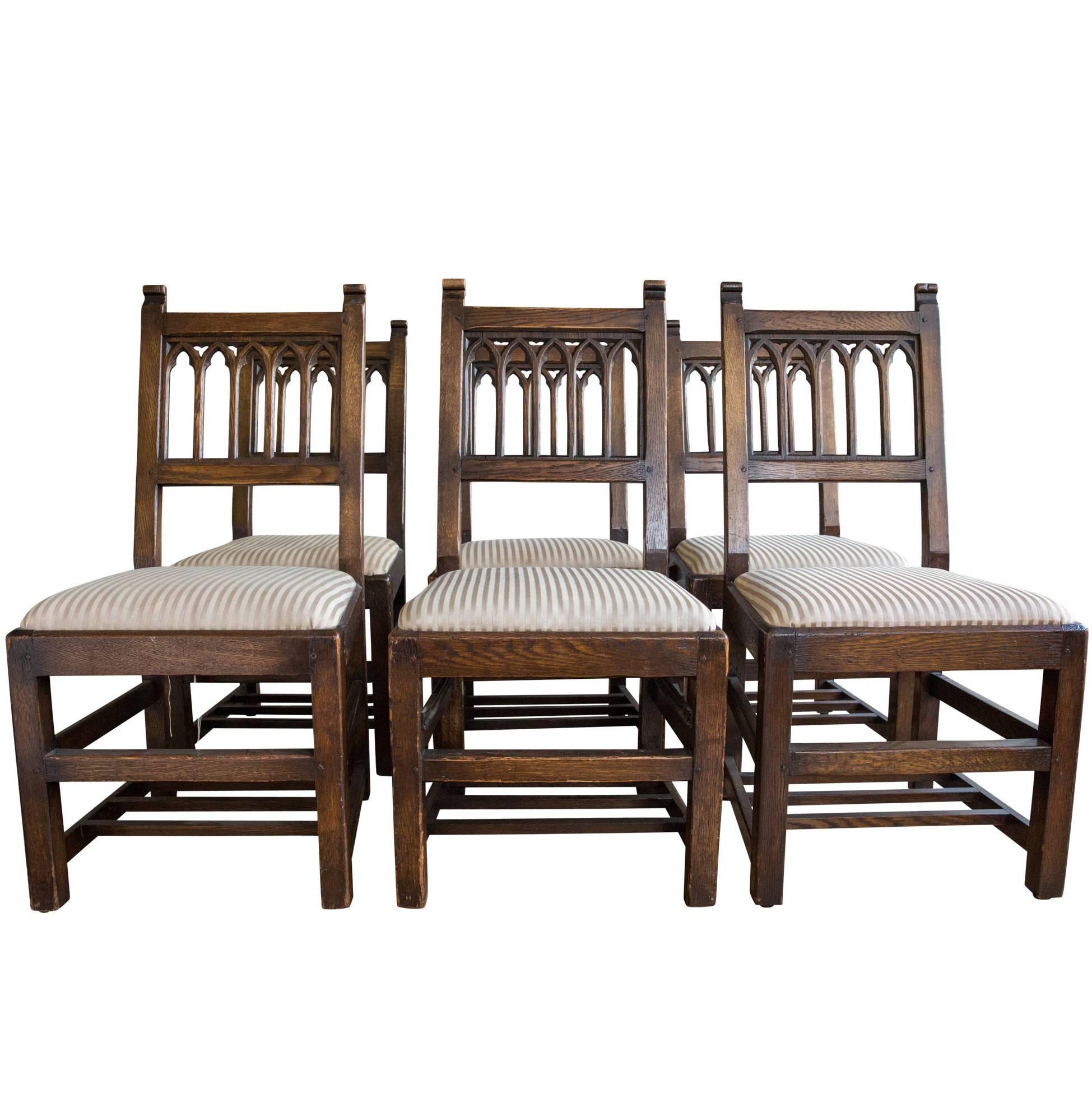 Set of Six Oak Gothic Revival Pew Chairs from Riverside Church For Sale