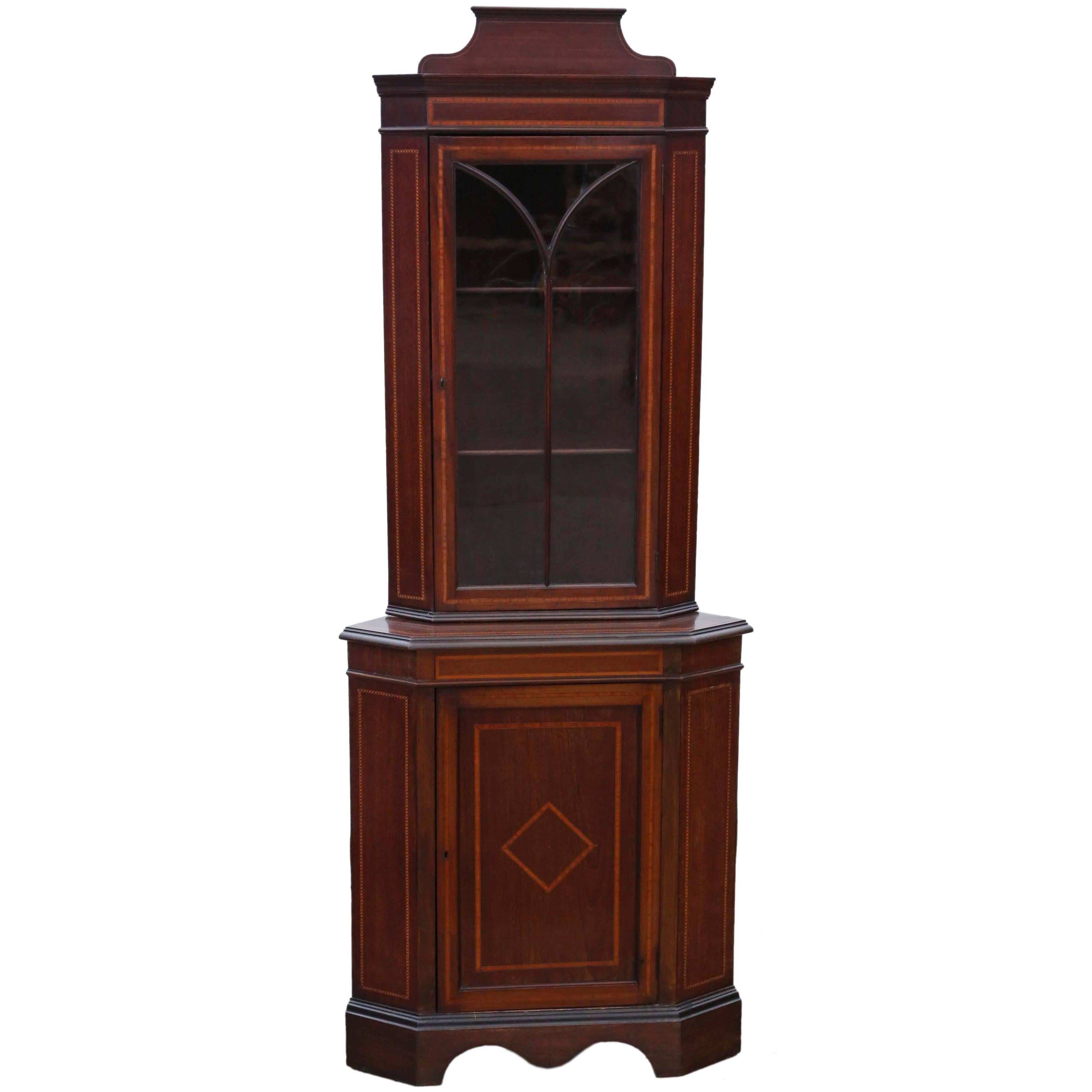 Antique Quality Edwardian Mahogany Glazed Corner Cupboard Display Cabinet For Sale