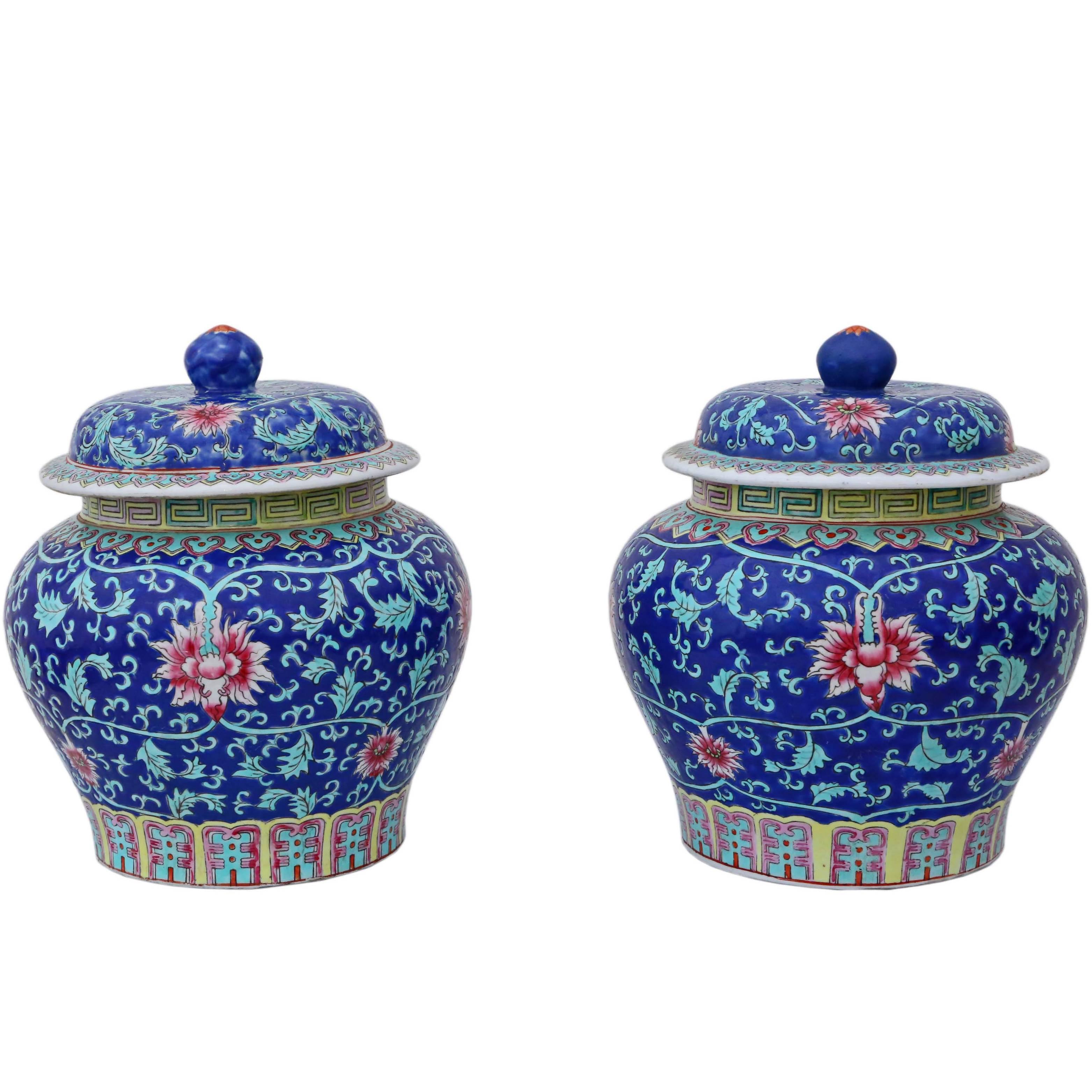 Antique Large Pair of Chinese Republic Period Jars with Lids Ginger Vases For Sale