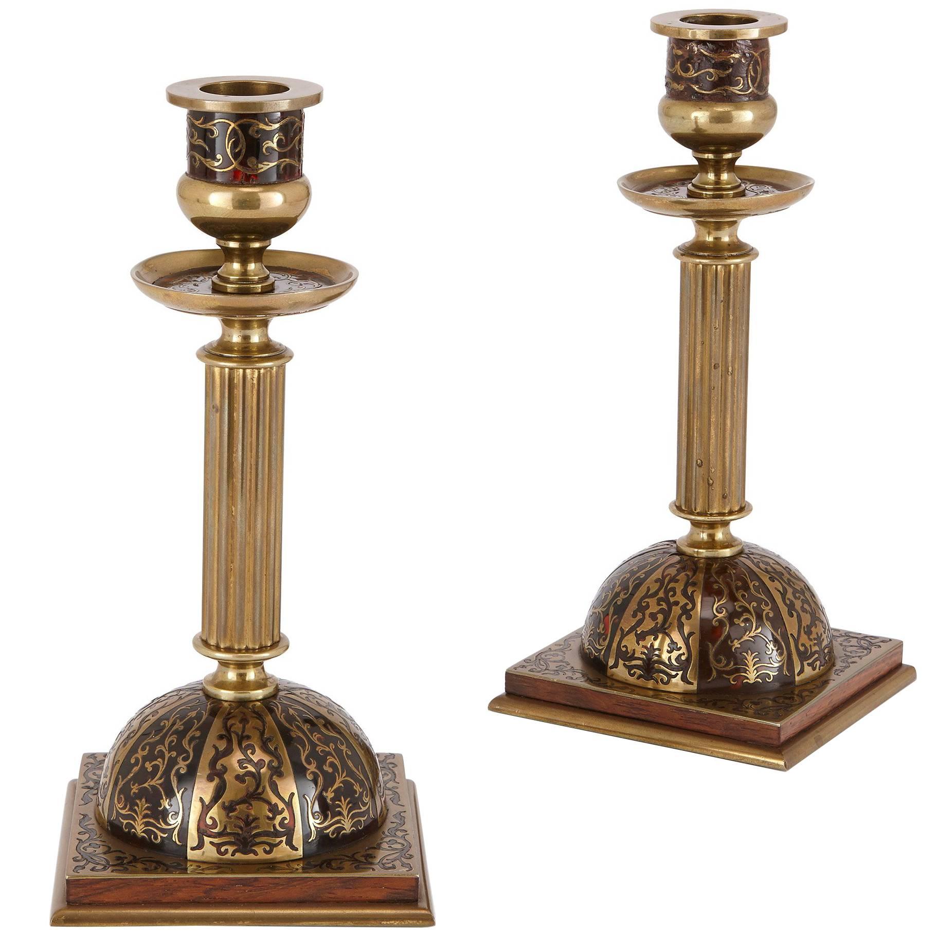 Pair of Boulle Style Antique Brass Candlesticks