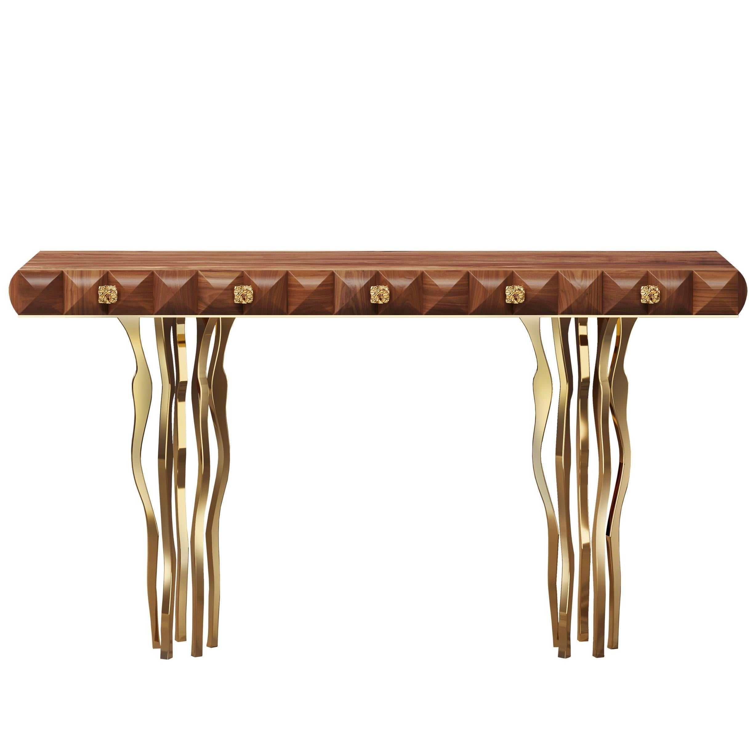"Il Pezzo 10 Console" solid walnut - polished brass casting base - three drawers For Sale