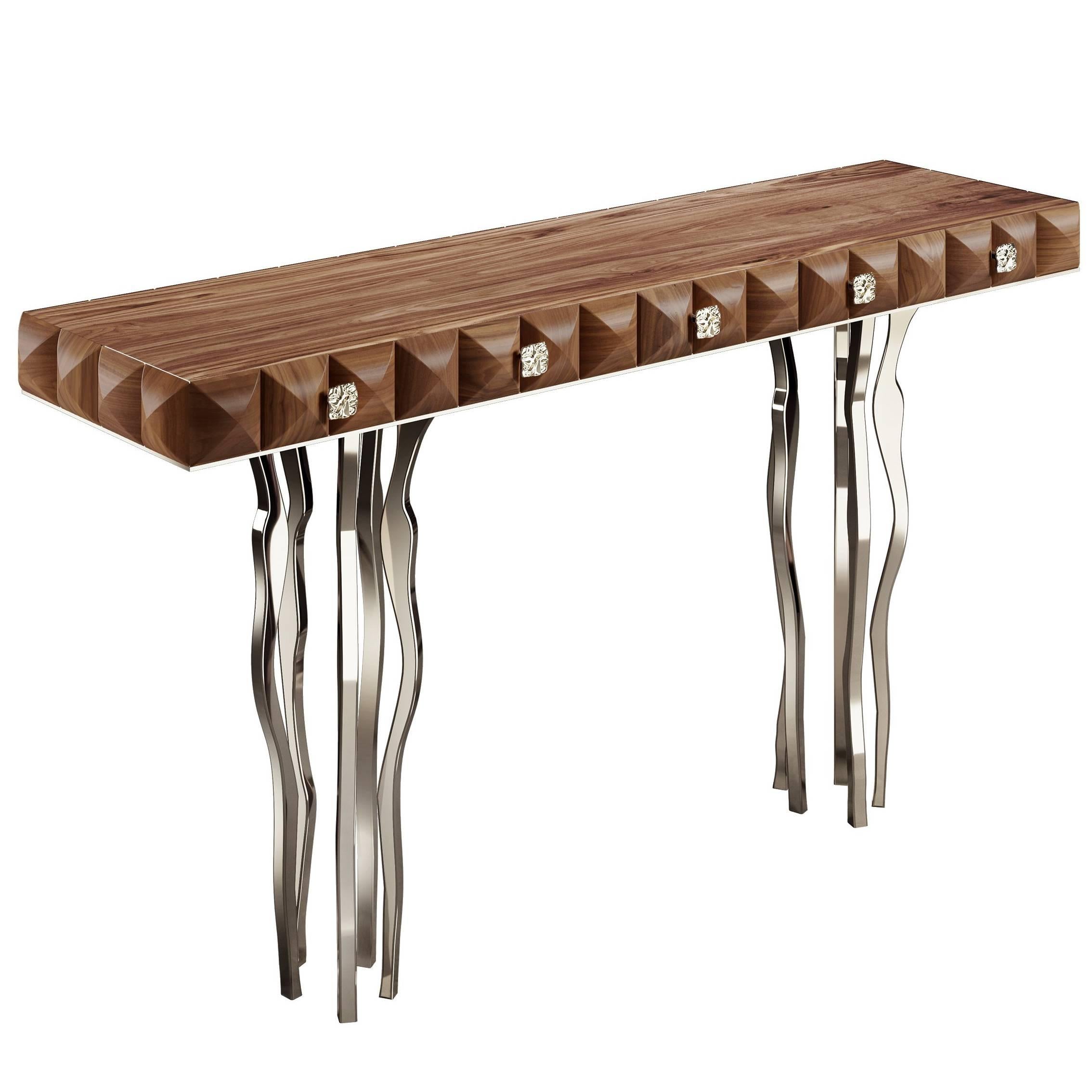 "Il Pezzo 10 Console" solid walnut - nickel plated casting base - three drawers For Sale