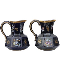 Vintage Pair of Blue Gilded and Decorated Ceramic Jugs