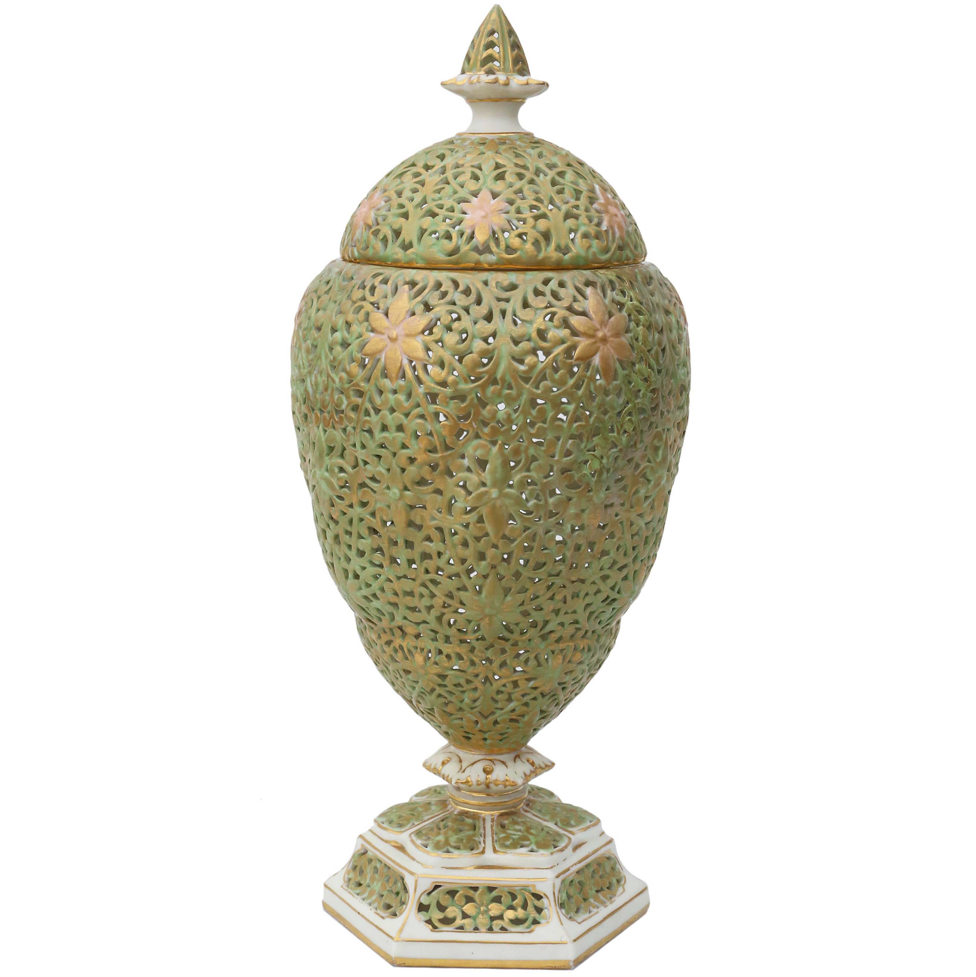 Antique Late Victorian Graingers Worcester Reticulated Vase with Lid For Sale