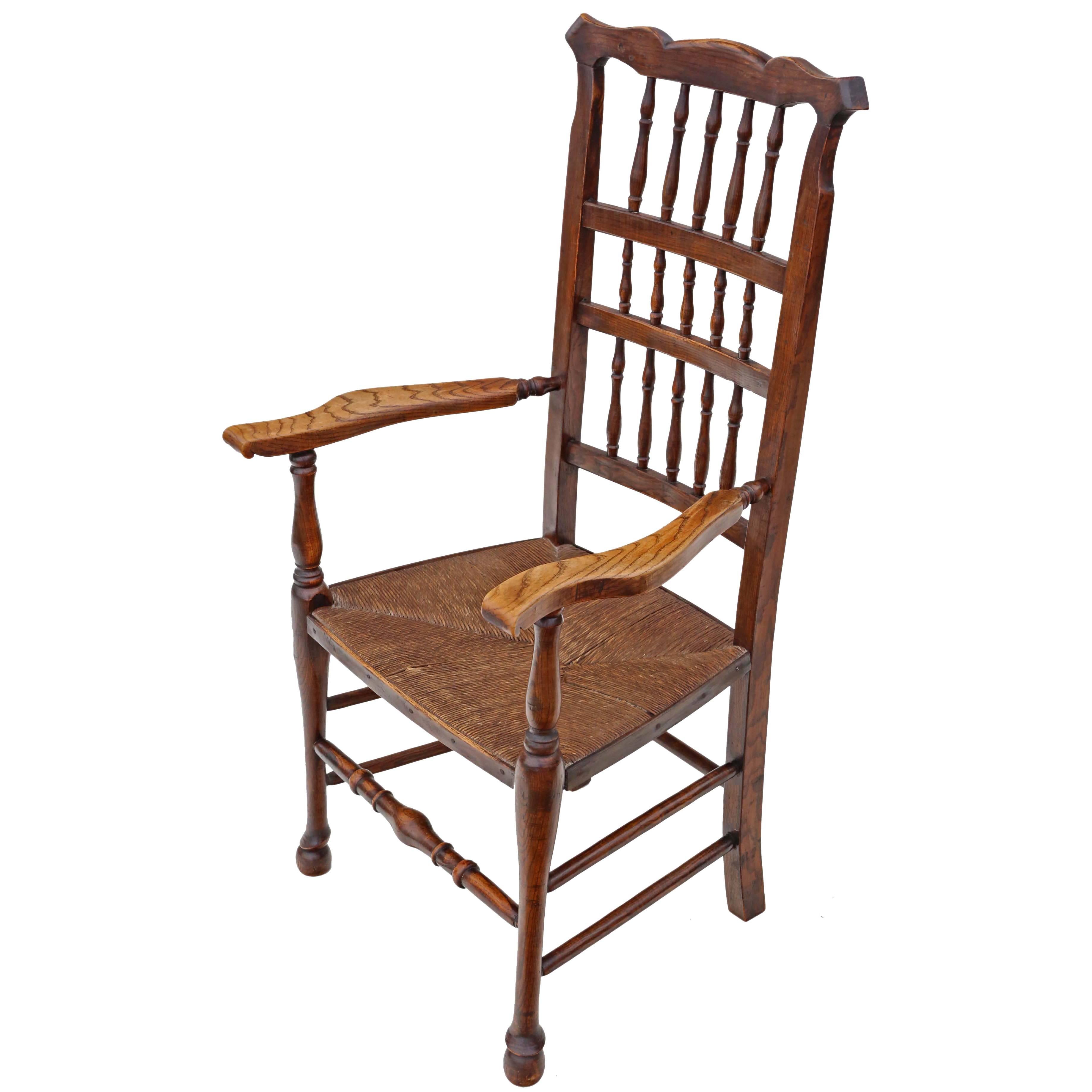 Antique 19th Century Ash Elm Armchair Chair Hall Side Dining Carver For Sale