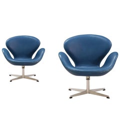 Pair of Arne Jacobsen Leather “Swan” Chairs for Fritz Hansen