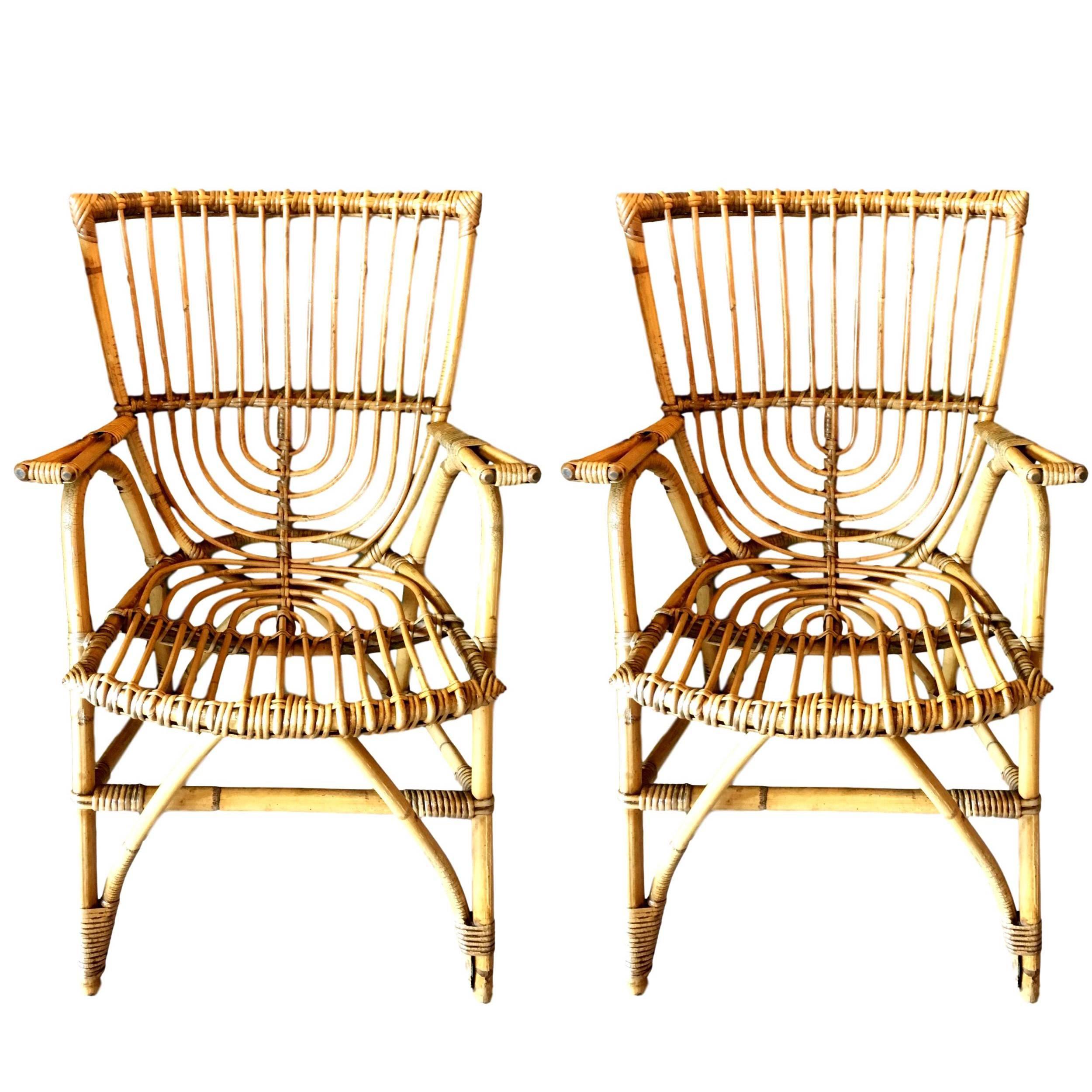 Pair of Sculptural French Rattan Armchairs