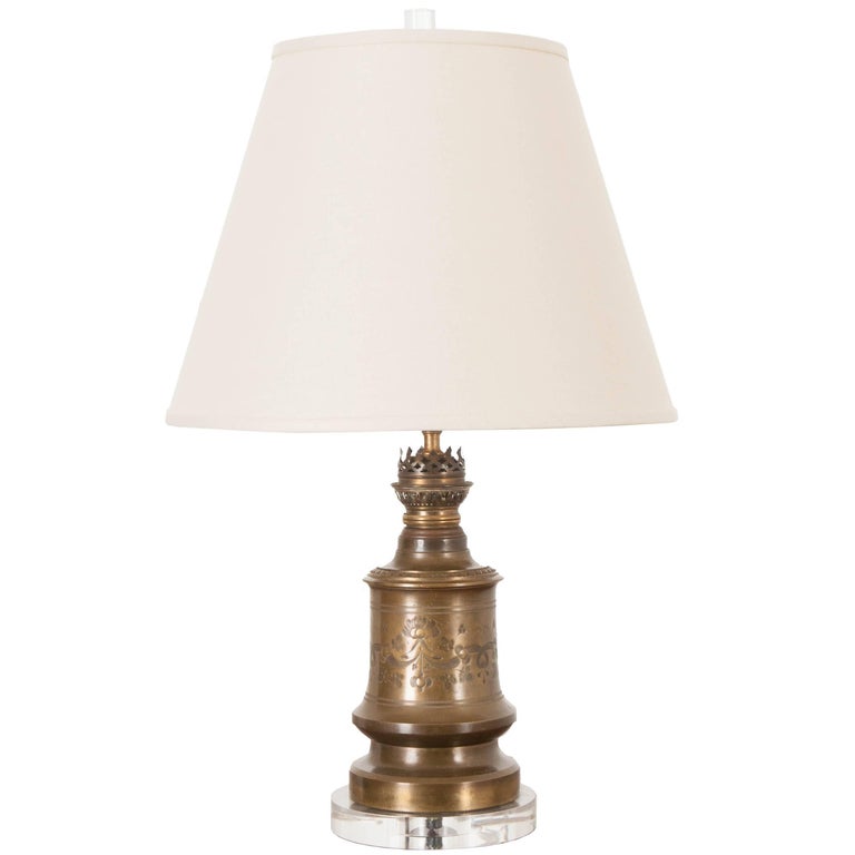 French Antique Brass Lamp with Acrylic Base For Sale