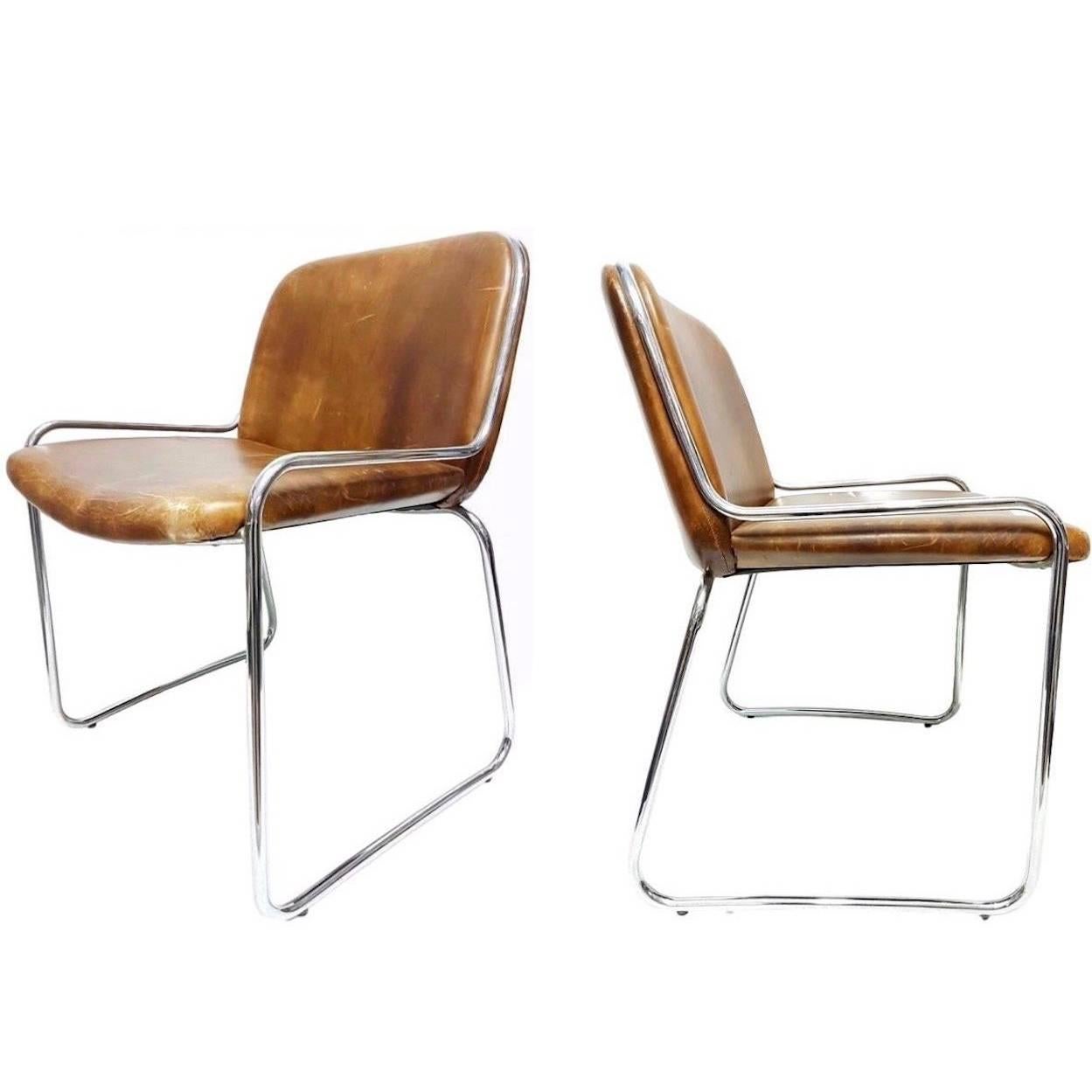 French Chrome and Leather Side Chairs